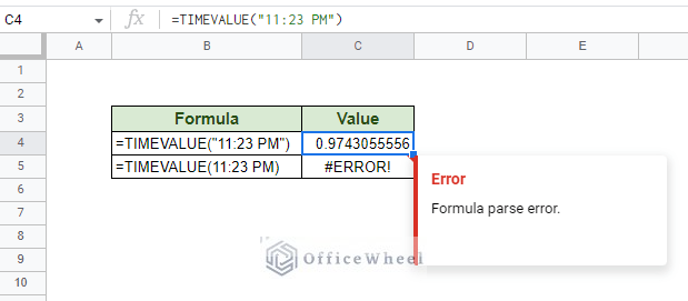 timevalue function only takes a string parameter or a cell reference to time